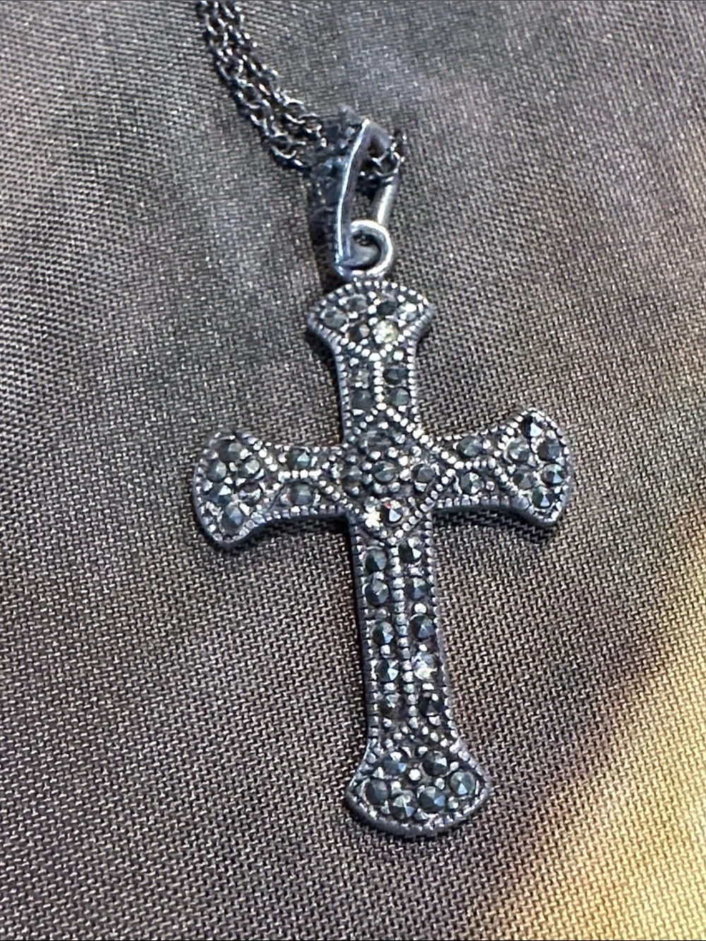 Oxidized Black Marcasite Cross 4” Pendant on 20 inch 925 Necklace